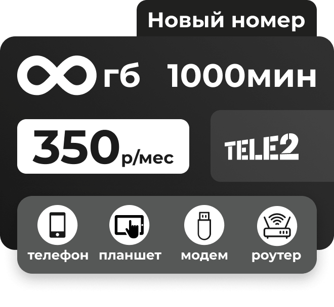 Сим-карта Теле2 с безлимитным интернетом и пакетом минут за 350 руб/мес.