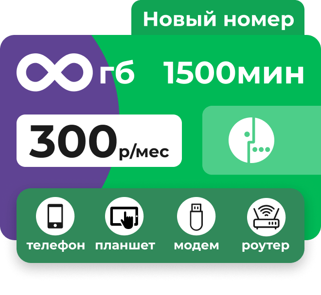 Симкарта Мегафон с безлимитным интернетом и пакетом 1500 минут за 300 руб/мес.